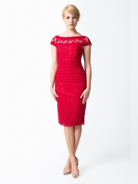 Tadashi Shoji Dresses & Skirts - Tadashi Shoji Red Lace Cocktail Dress Cap Sleeve Sz 4 Sheath Knee Length Formal